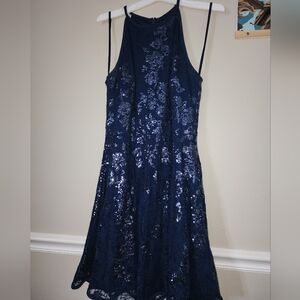 Xscape Womens Navy Sleeveless Halter Short Fit + Flare Party Dress Size 14